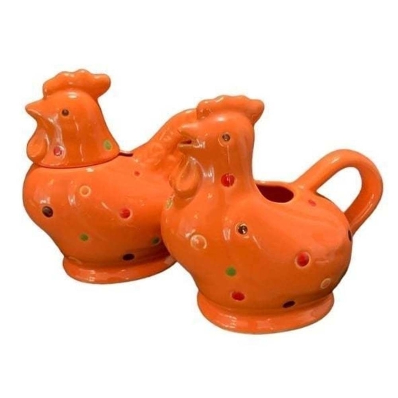 Teatime Set Temptations Orange Polka Dot Chicken Rooster Creamer & Sugar Pot Set - Picture 2 of 6